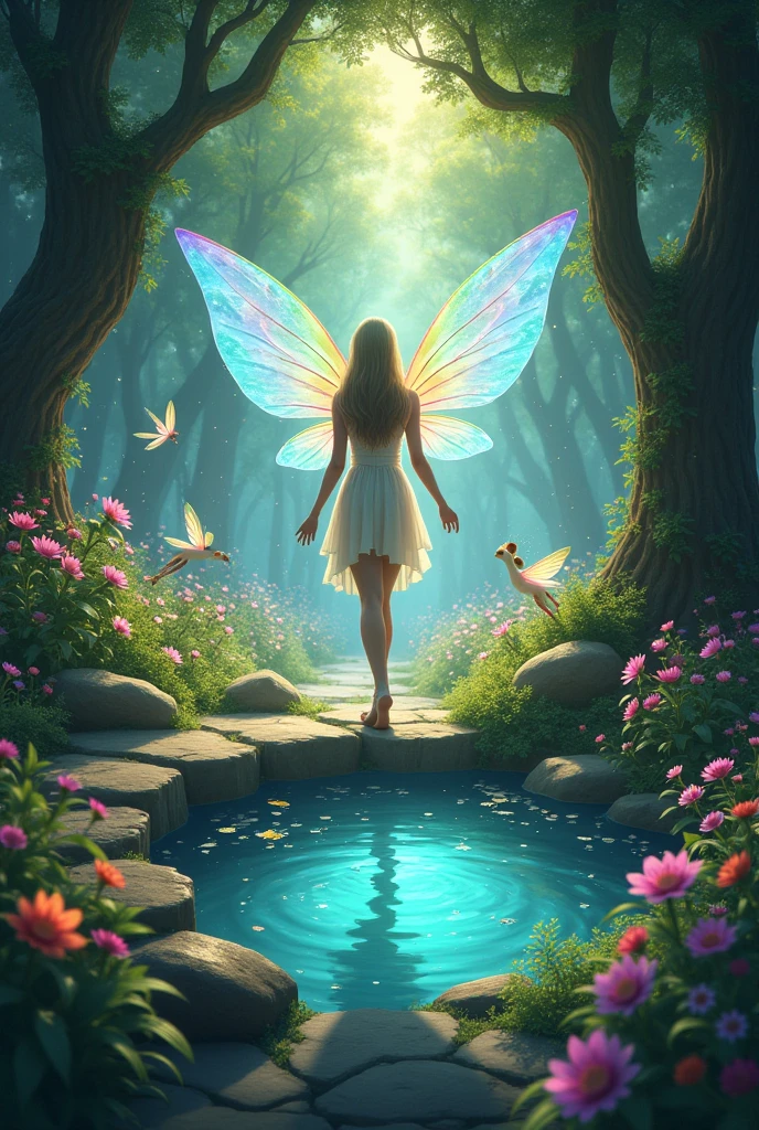 Magical Grove with Fairies:**
   - Amara emerging from the spiral staircase into a magical grove. The grove is filled with tiny, floating lights, resembling fireflies, and the air sparkles with a soft, otherworldly glow. In the center is a crystal-clear pond surrounded by vibrant flowers. Fairies with shimmering, rainbow-colored wings and gentle woodland animals are gathered around, welcoming Amara with cheerful smiles.