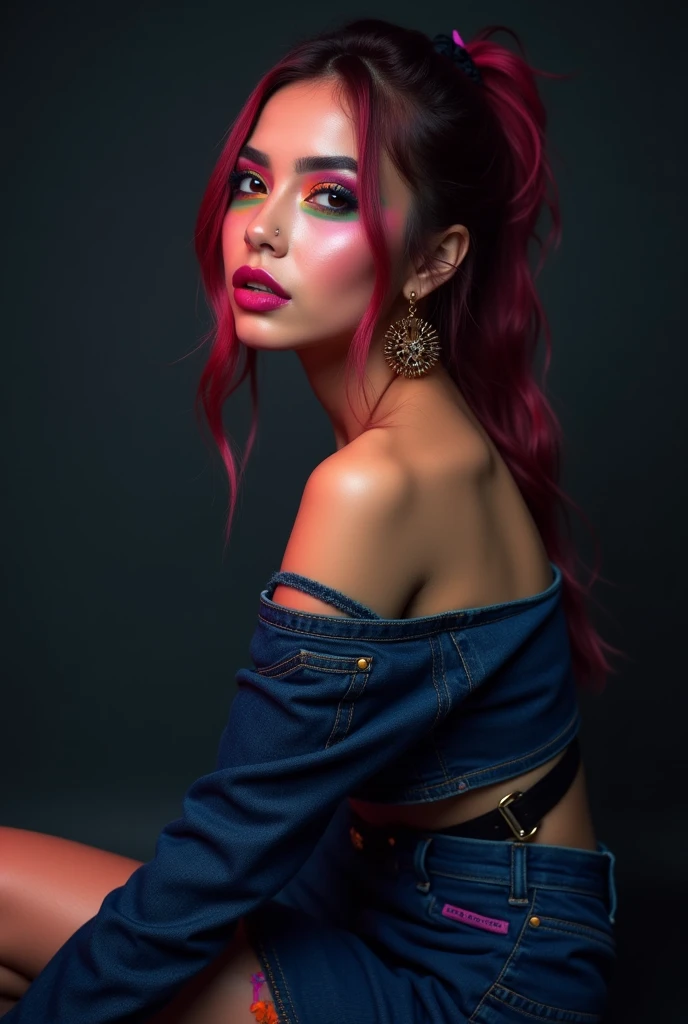 Prompt: A 20-year-old female model with colorful creative professional makeup posing for Vogue magazine in a dimly lit portrait studio, a dramatic lean, showcasing vibrant artistic beauty. The model wears dark denim fashion featuring an off-the-top style. The skirt and knee-high boots perfectly complement the edgy yet stylish look, creating a striking visual impact. The makeup is bold and imaginative, artistically accentuating the model's features. The lighting in the studio enhances the dramatic effect of the image, highlighting the model's flawless complexion and captivating expression. Materials: Photography, digital art Additional Details: Intricate makeup details, artistic accessories, stylish hairdo Image Quality: (best quality, high resolution), ultra-detailed, photorealistic Art Style: Portraits, editorial fashion Color Tones: Vibrant colors, bold hues Lighting: Dramatic studio lighting, shadows, and highlights play to create depth Negative Prompt: Negative Prompt: NSFW, low quality, cropped, monochrome, low saturation, jpeg artifacts. Character Negative Prompt: skin blemishes, age spots, bad anatomy, disfigured, poorly drawn face, missing limb, ugly, long neck, extra fingers, blurry.