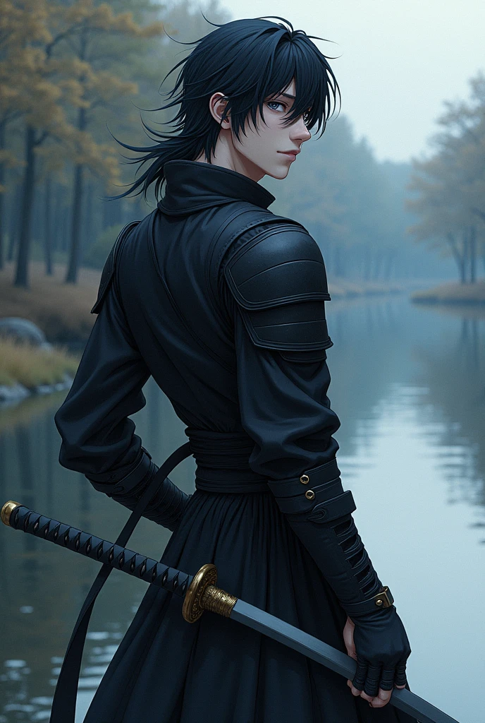 Pale Young handsome Man in around 26 wearing onyx armour with raven black long hairs and deep dark black eyes standing near a seren river swinging a black katana in his hand in around 5'6 in height, High Resolution, Masterpiece, Messy Hair, Anime Style,
