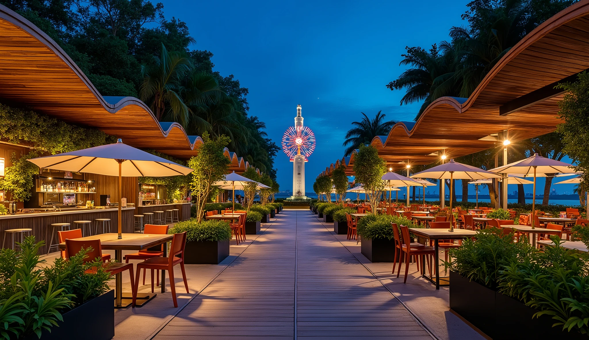 A night architectural photo viewed from the river looking into the square with the artwork as the centerpiece of the HCMC riverside park with the words 'Park Avenue Sai Gon', a wide and airy walkway combined with an outdoor dining area with fixed umbrellas, combining tropical greenery as the facade of food kiosks with glowing LED signs, far in the park are the kiosks and cafes with modern prefabricated wave-shaped wooden roofs, a large outdoor seating area with round tables, black stools with orange chairs and lush green plants in black pots along the walkway. Looking out to the Saigon river is a wide and airy outdoor cafe yard