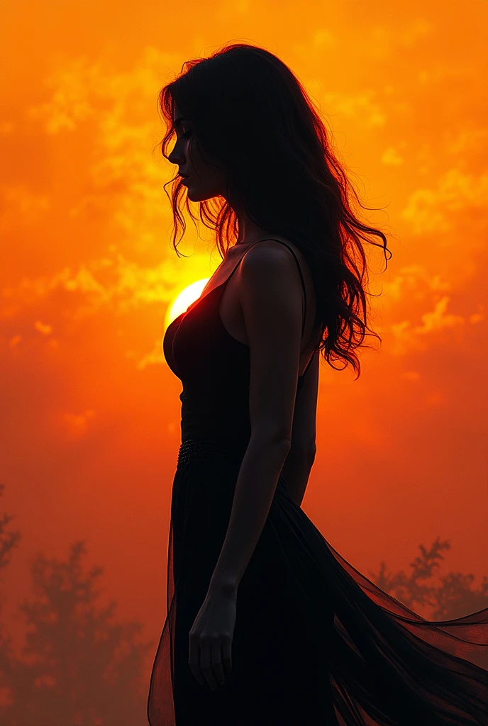 A visually captivating rough sketch art of a brunette woman's silhouetted body against a radiant sunset backdrop. The minimalist approach highlights the elegance of the subject, with clean lines and minimal detail. The background is a warm palette of sunset tones, while the foreground features the figure, rendered in black and white. The overall composition is enhanced by the use of negative space, creating a sense of mystery and intrigue. This artwork exudes a dark fantasy cinematic vibe, perfect for a poster or illustration.