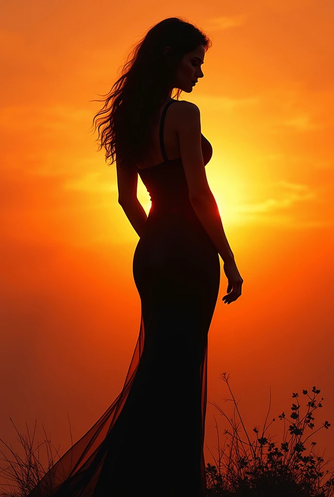 A visually captivating rough sketch art of a brunette woman's silhouetted body against a radiant sunset backdrop. The minimalist approach highlights the elegance of the subject, with clean lines and minimal detail. The background is a warm palette of sunset tones, while the foreground features the figure, rendered in black and white. The overall composition is enhanced by the use of negative space, creating a sense of mystery and intrigue. This artwork exudes a dark fantasy cinematic vibe, perfect for a poster or illustration.