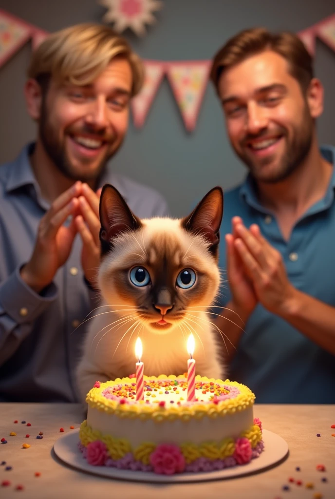 At a birthday party, a cute Siamese cat is blowing out the candles on his first birthday cake. In the background, two men are clapping.