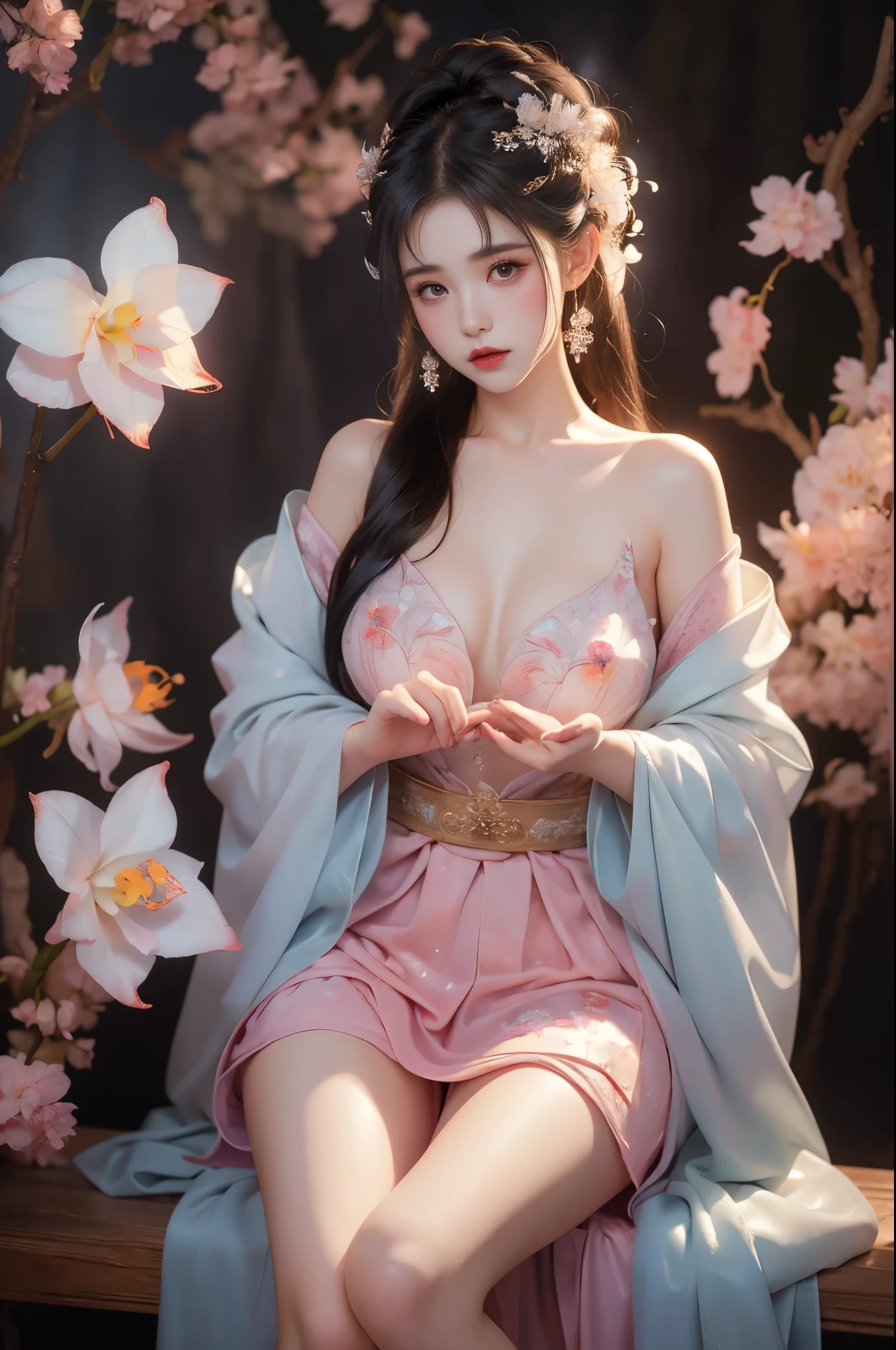 qh dress,qh hair ornament
td dress,td hair ornament
rm dress,rm hair ornament, Hanfu,see-through, silk ,jewelry,(quality improvement:1.4),1girl, Full breasts,Visible cleavage,Sexy long legs,The skirt is short,She gently lifted her skirt with one hand,Surrounded by white Phalaenopsis orchids,Lilac dendrobium、White Lily, Flying petals,(Top quality leather), Delicate face,Black Hair, Gradient hair, Body,(Body1.1), He has a precious gem on his forehead., Shining Student,Long eyelashes,Smile, Surrealism, Movie Lighting, Projection Insertion, Surrealism, Ultra HD, masterpiece,lie,Keep dreaming,Open your legs slightly.,Tattoo,Fantasy Space,Luxurious space,Exquisite makeup,Blush,Shy expression