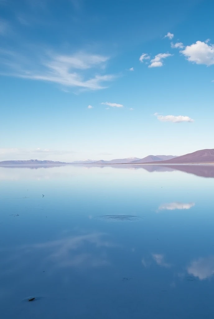 「Uyuni Salt Flats, Bolivia, South America。The lake surface is as clear as a mirror.、Blue sky and white clouds reflected on the lake surface。The horizon continues endlessly、The boundary between the sky and the earth is becoming blurred。The sun is setting、Orange and pink colors beautifully decorate the sky and the lake surface.。There is no wind、Silence is spreading。