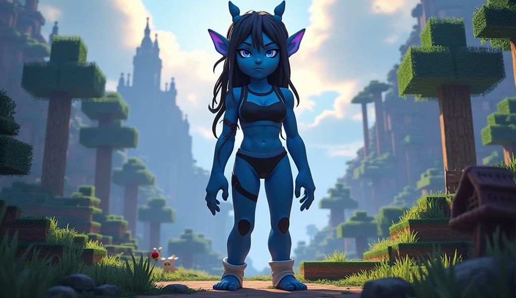 score_9, score_6_up, source_anime, [source_anthro], rating_safe, [rating_explicit],

full body portrait, body focus, front view, best quality, (wide shot), highly detailed face, perfect lighting,   

1girl, solo, adult, Naavi, athletic, pointy ears, tall, long hair, dreadlocks haircut, blue skin, blue body, calm face, (stand near tree), slit pupils, 

(minecraft animals, minecraft mobs, minecraft NPC), minecraft detailed world background,
detailed background, detailed foreground, depth of field, ambient silhouette, backlighting