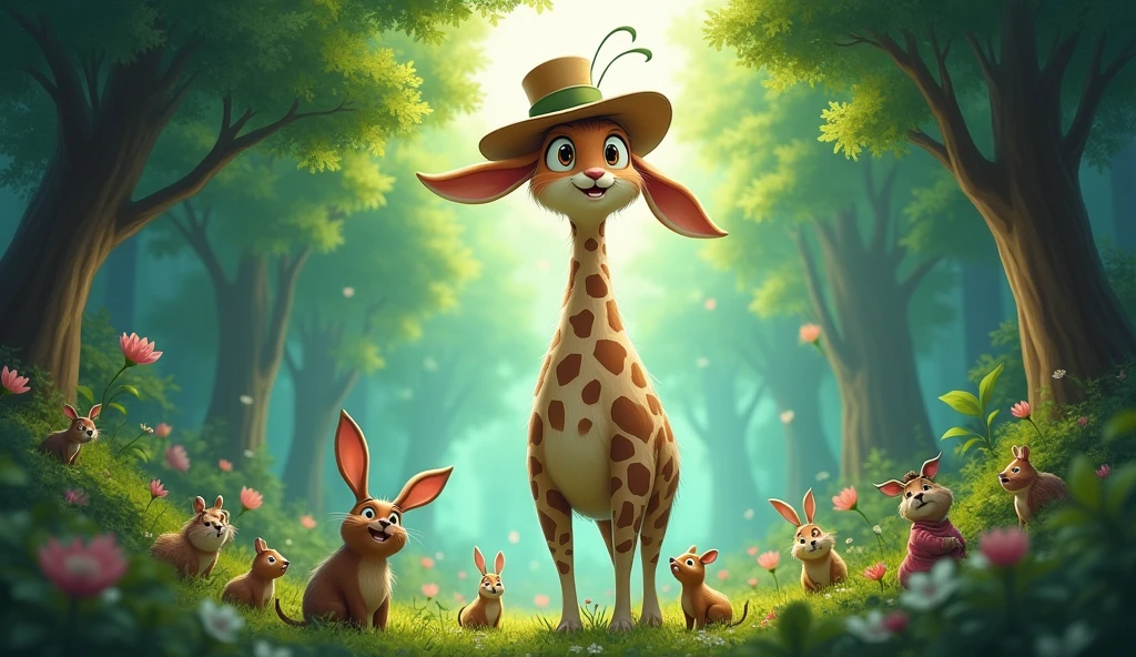 Mimi the rabbit is wearing a hat、I've grown taller and can see all the way to the tops of the trees.。 image: Mimi wearing a hat、I grew tall like a giraffe、Forest Trees々Looking down from above。Mimi's eyes are wide with surprise and joy.。The animals around are also surprised.。Please draw the rabbit bigger than the giraffe。I also drew some animals.