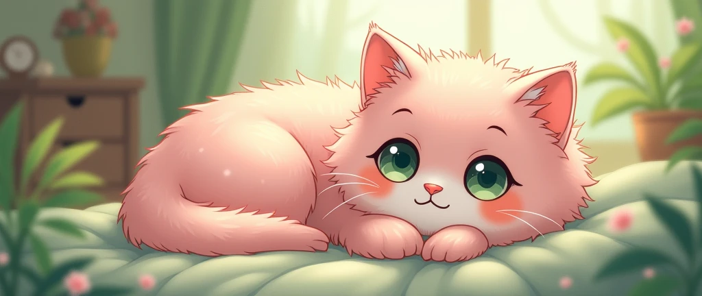 Pink Cat, Cozy Anime,Lofi ,Cute ,Ultrawide vibes ,Green Color Tones
