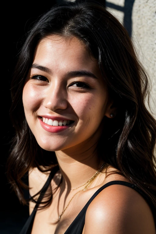 RAW photo, face portrait photo of beautiful 26 y.o woman, cute face, wearing black dress, happy face, hard shadows, cinematic shot, dramatic lighting