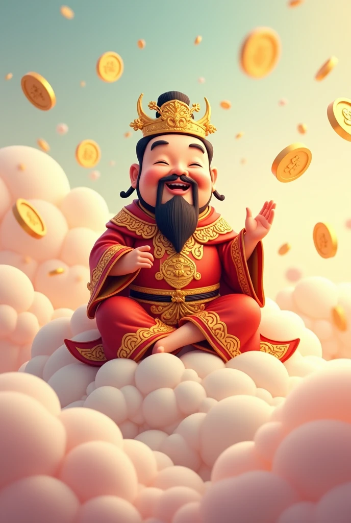 Cartoon chinese god of wealth Sitting on the cloud blessing in pastel color and gold coin flew around