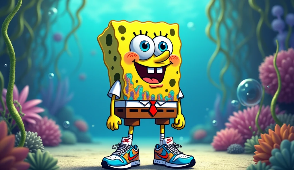SpongeBob squarepants but drip shirt and Nike shoes