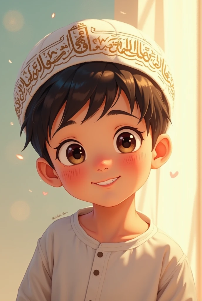 Muslim anime boy with islamic hat and cute smile 