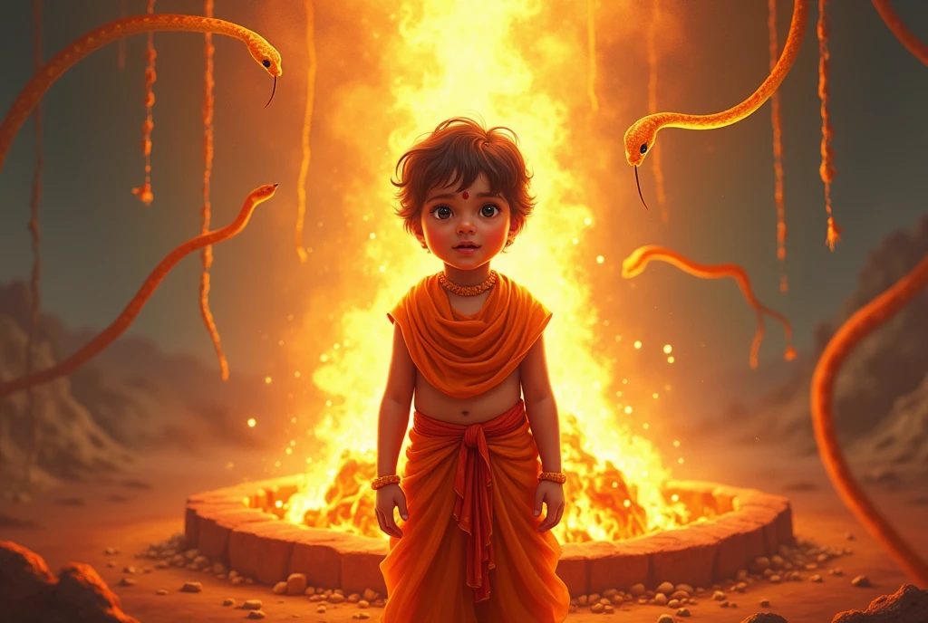 There is a  who is wearing colorful saffron colored clothes and is beautiful in appearance. He has a red scarf tied around his waist. The child is standing in front of a Havan Kund and fire is burning in that Havan Kund and from the sky there is light coming from that Havan Kund. The snakes are coming down