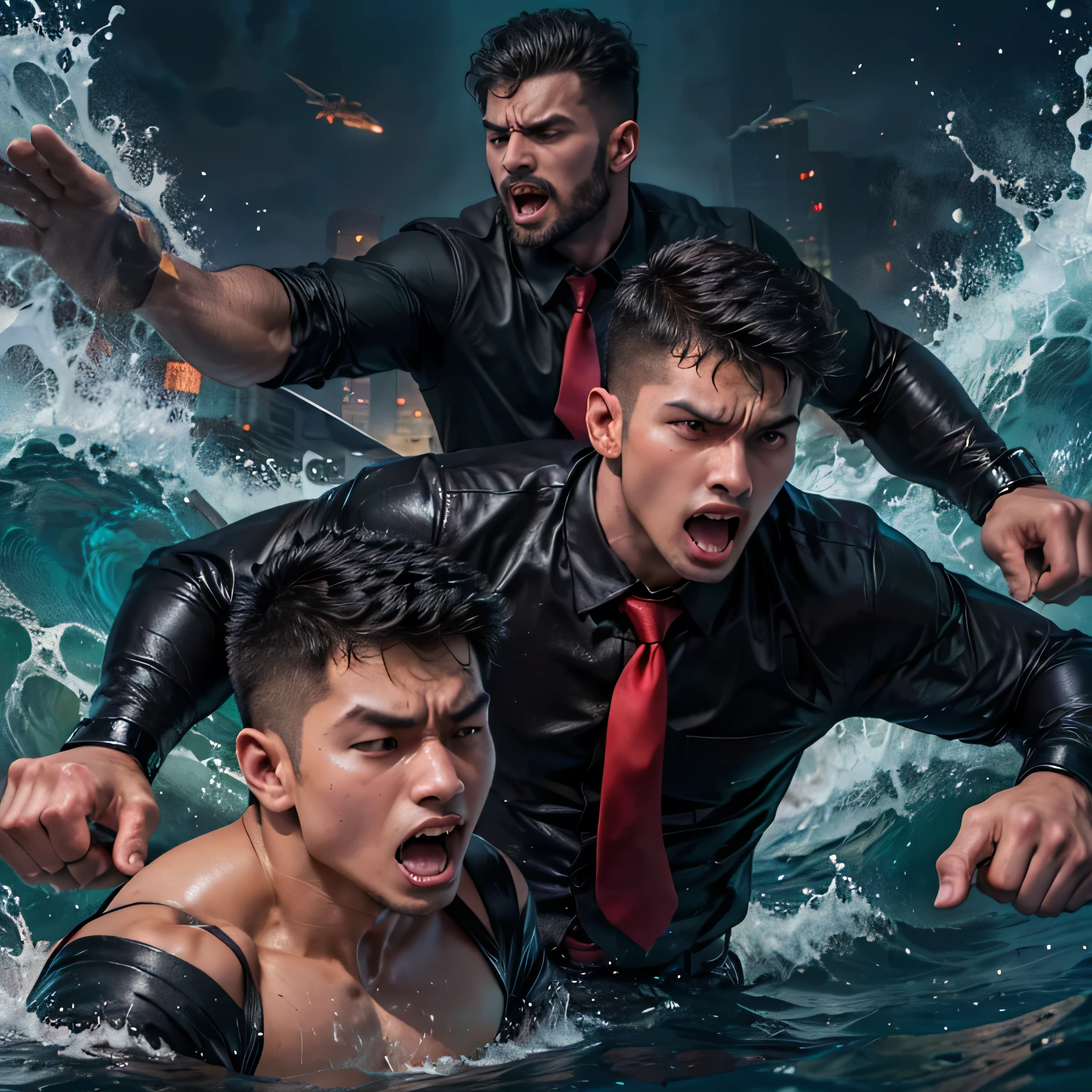 30 years old,One Man,、Handsome。Black Shirt、Red tie、Black gloves、Dhaka - Fighters、Drowning in the sea　,,logic, ,Very short hair、　,Asian Face,、　Handsome　Open your mouth wide and scream