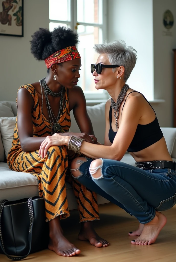 Two women. African milf  woman sitting on a sofa with separated legs, afro hairdo, serious face, wearing traditional colourful african clothes, barefoot, hands tightly on shoulders of a caucasian old milf woman at her feet (light grey hair, light green eyes, pale face, pale neck, pale chest, pale arms, pale hands, pale stomach, pale legs and feet) in chic rock fashion: pompadour hairstyle with top bun and shaved sides, colourful bandana as headboard, a lot of metallic necklaces and pendants, a lot of wide metallic bracelets, black lace push up bra, low rise skinny dark blue jeans with patched holes and worn knees, wide studded leather belt, squatting with arms on knees, passive facial expression with open mouth, big square sunglasses, thin neck, thin arms, thin legs, well toned abdominals. In an apartment decorated in Scandinavian style. A black leather studded tote bag on the floor. Natural light
