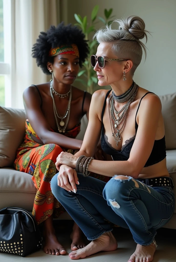 Two women. African milf woman sitting on a sofa with separated legs, afro hairdo, serious face, wearing traditional colourful african clothes, barefoot, hands tightly on shoulders of a caucasian old milf woman at her feet (light grey hair, light green eyes, pale face, pale neck, pale chest, pale arms, pale hands, pale stomach, pale legs and feet) in chic rock fashion: pompadour hairstyle with top bun and shaved sides, colourful bandana as headboard, a lot of metallic necklaces and pendants, a lot of wide metallic bracelets, black lace push up bra, low rise skinny dark blue jeans with patched holes and worn knees, wide studded leather belt, squatting with arms on knees, passive facial expression with open mouth, big square sunglasses, thin neck, thin arms, thin legs, well toned abdominals. In an apartment decorated in Scandinavian style. A black leather studded tote bag on the floor. Natural light