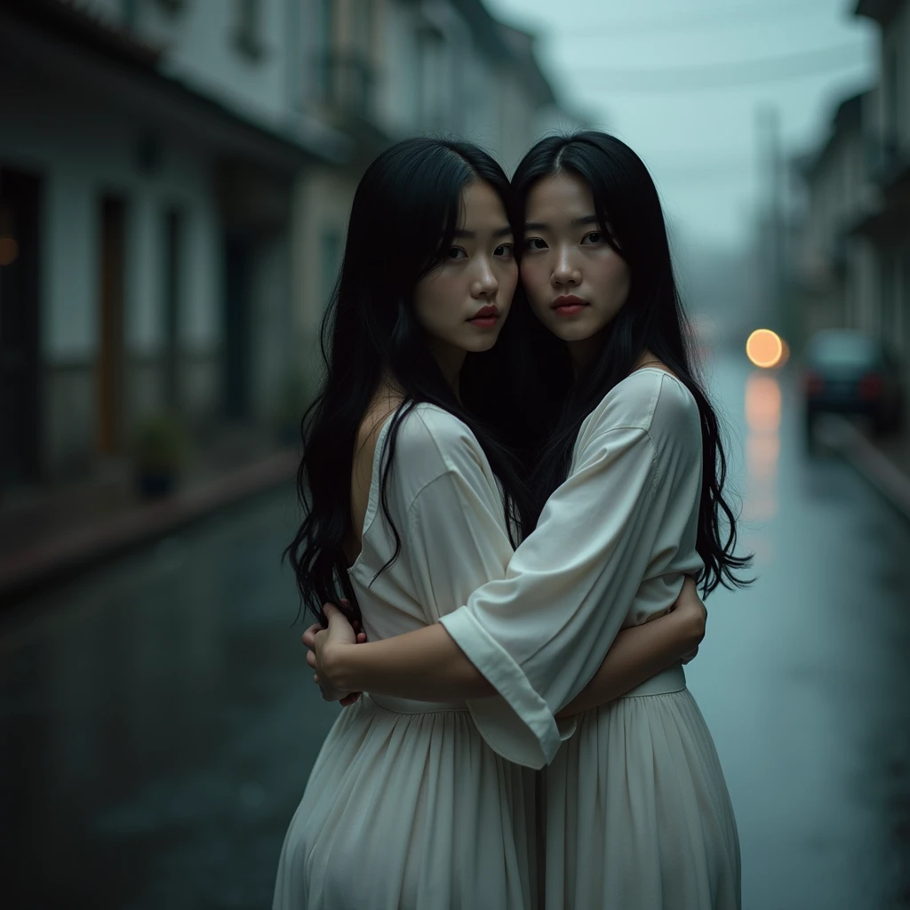 Identical twin sisters hugging each other、Waist-length hair 30yo korean woman at a rainy road city, (Waist-length hair:1.8), I'm looking for a viewer wearing a white open-neck shirt.. barefoot. Wet Skin. Realistic Skin Style, Detailed skin pores. Black and dark、Very long、Messy and、Stylish slicked back hair, Poreless skin and natural makeup, Long, black hair、Casually、But stylishly. Dim background, Gloomy rainy day, Vignette, ドラマチックな自然なatmosphereの照明, Cinema Lighting, Powerful backlight and rim light, 奥行き感とatmosphereを醸し出す, Add texture with bokeh highlights and film grain. Color Scheme: muted, A desaturated color palette with deep shadows and warm highlights, evoking a sense of nostalgia and melancholy. atmosphere: 謎と陰謀のatmosphere, With signs of tension and anticipation. action: Woman caught in mid-motion, Her body was contorted in graceful yet powerful ballet poses., Her muscles tensed、The expression was intense. object: Some props, Worn-out ballet barres and discarded pointe shoes, Increases the sense of authenticity and history.