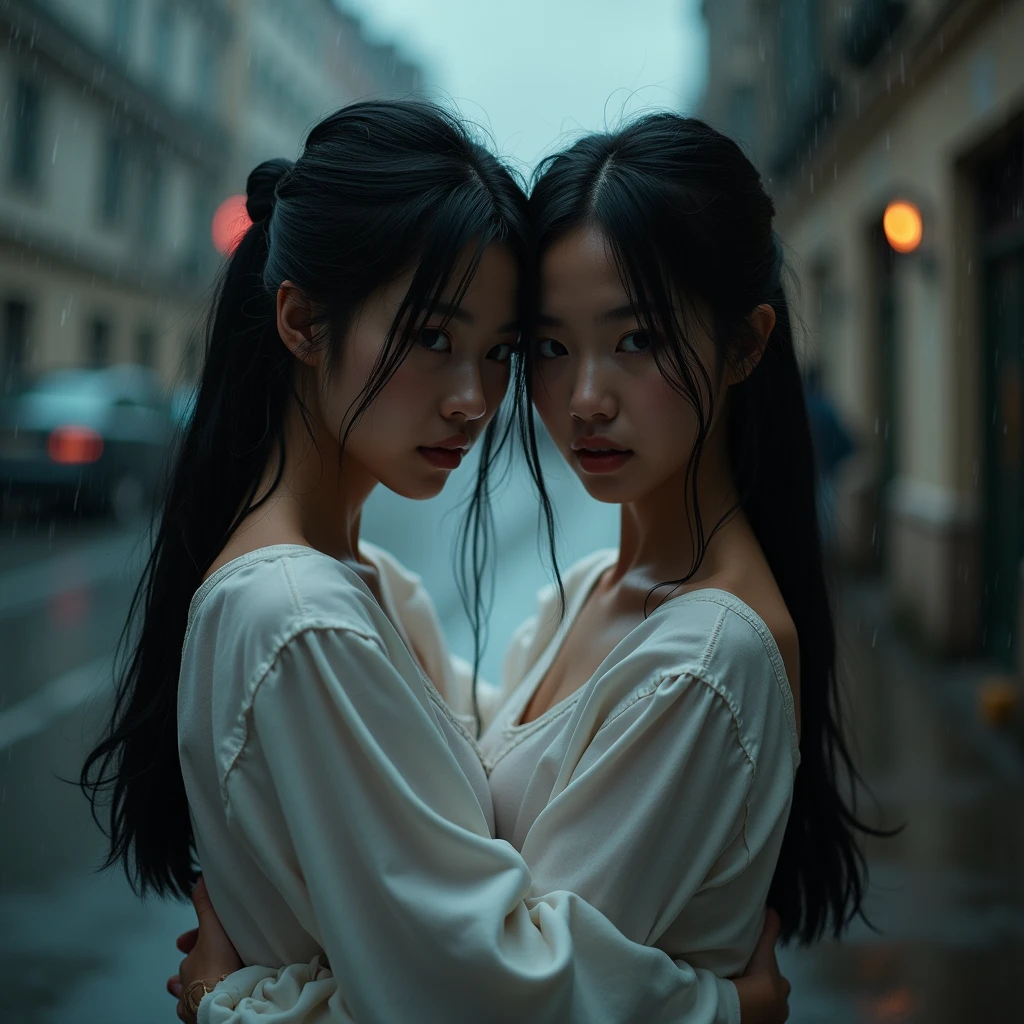 Identical twin sisters hugging each other、Waist-length hair 30yo korean woman at a rainy road city, (Waist-length hair:1.8), I'm looking for a viewer wearing a white open-neck shirt.. barefoot. Wet Skin. Realistic Skin Style, Detailed skin pores. Black and dark、Very long、Messy and、Stylish slicked back hair, Poreless skin and natural makeup, Long, black hair、Casually、But stylishly. Dim background, Gloomy rainy day, Vignette, ドラマチックな自然なatmosphereの照明, Cinema Lighting, Powerful backlight and rim light, 奥行き感とatmosphereを醸し出す, Add texture with bokeh highlights and film grain. Color Scheme: muted, A desaturated color palette with deep shadows and warm highlights, evoking a sense of nostalgia and melancholy. atmosphere: 謎と陰謀のatmosphere, With signs of tension and anticipation. action: Woman caught in mid-motion, Her body was contorted in graceful yet powerful ballet poses., Her muscles tensed、The expression was intense. object: Some props, Worn-out ballet barres and discarded pointe shoes, Increases the sense of authenticity and history.