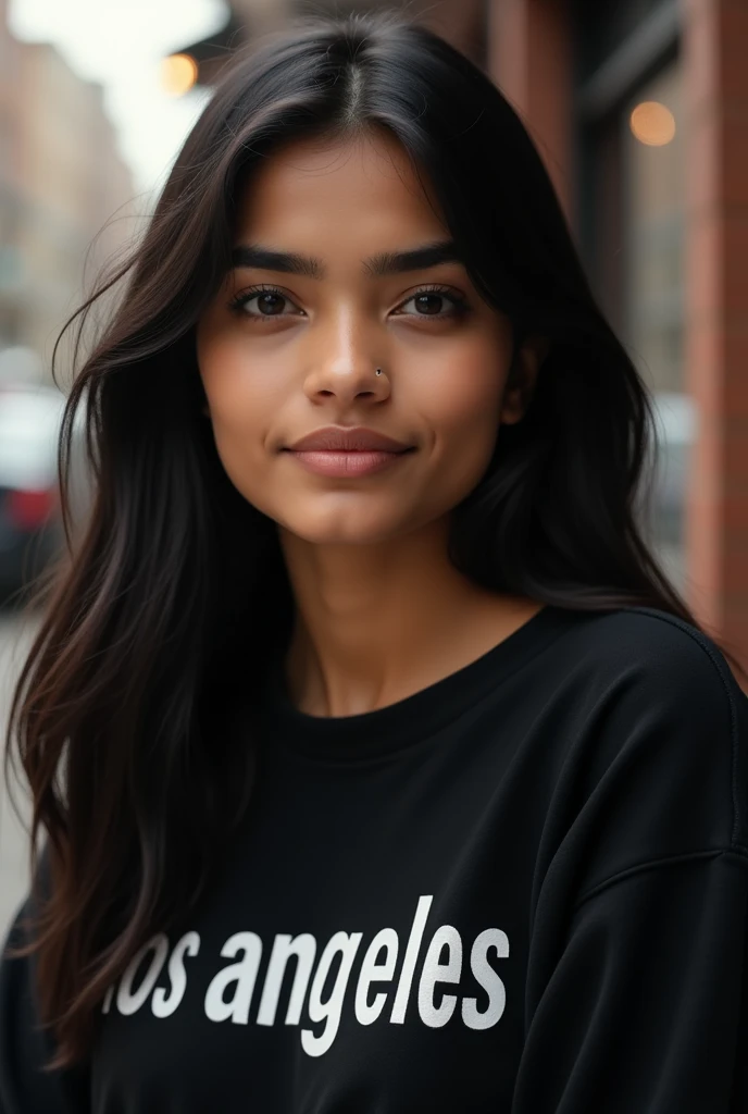 She has an oval-shaped face with smooth contours, a gentle jawline, and a natural roundness in her cheeks, which gives her a youthful and soft appearance. Her skin is light with a warm tone, appearing smooth, even, and well-maintained without any visible blemishes or marks. Her forehead is of average height, transitioning seamlessly into her hairline, which is parted in the center. Her hair is dark, either deep brown or black, and is straight with a silky texture. It falls neatly past her shoulders, framing her face on both sides with a sleek and polished look.
Her eyebrows are dark, full, and slightly arched, providing subtle definition and balance to her facial features. They are symmetrical and well-groomed, aligning naturally with the shape of her face. Below her brows, she has large, almond-shaped eyes with a deep brown color. Her eyes are evenly spaced and set slightly deeper, giving them a serene, calm expression. They have a neutral gaze, with natural creases on the eyelids and medium-length lashes that softly frame her eyes.
Her nose is straight and well-proportioned, sitting perfectly in the center of her face. It has a smooth bridge with a gentle narrowing towards the tip, neither too prominent nor too subtle, fitting harmoniously with the rest of her features. Her lips are medium in fullness, with a natural pink hue. The upper lip has a gentle curve without a pronounced cupid’s bow, while the lower lip is slightly fuller, giving her mouth a balanced, relaxed appearance. Her expression is neutral and composed, exuding a quiet confidence and understated elegance. She wears a black sweatshirt with "LOS ANGELES" printed in bold white letters, adding to her casual, everyday appearance, complementing her overall serene and approachable demeanor.
She looks indian and has indian feacture she's a real girl not animated