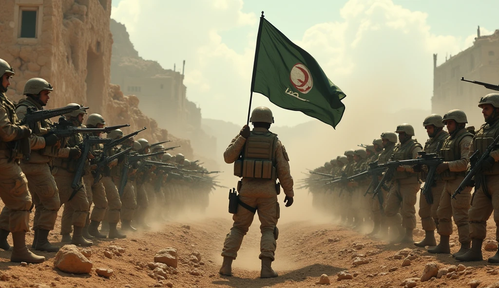 Drone footage: Two teams facing each other on the battlefield, one holding the flag of Islam