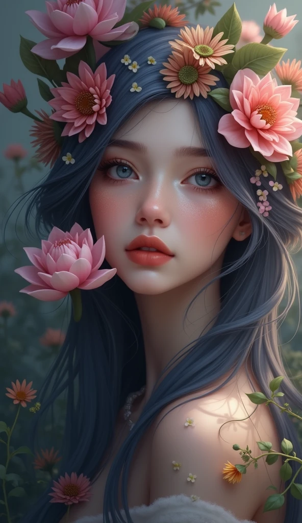 a close up of a woman with flowers in her hair, flowers covering eyes, flower mask, girl with a flower face, flower goddess, flower face, made of flowers, lotus floral crown girl, girl with a flower head, 🌺 cgsociety, flower head, facemask made of flowers, artwork in the style of guweiz, guweiz