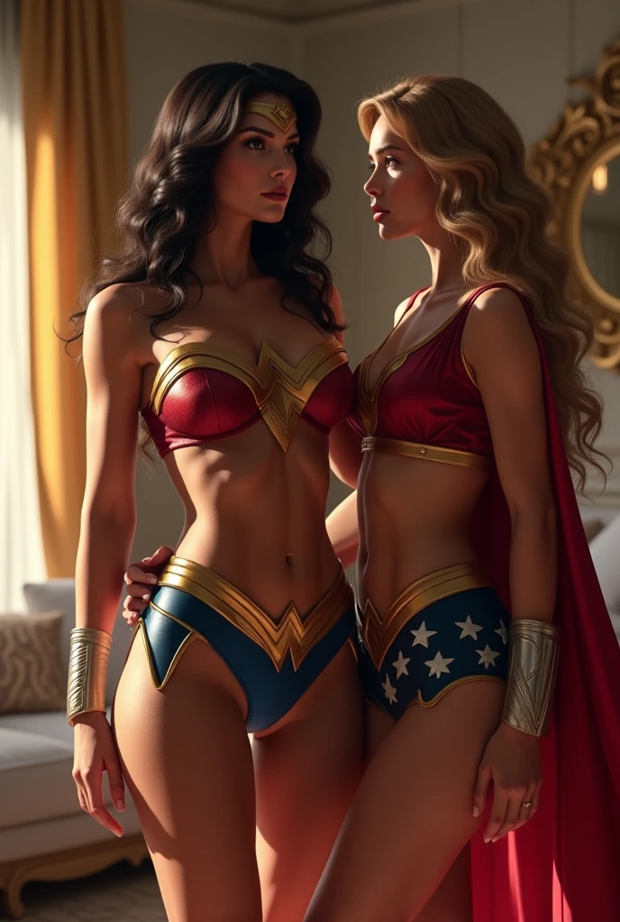 wonder women sexy bikini in bedroom with supergirl