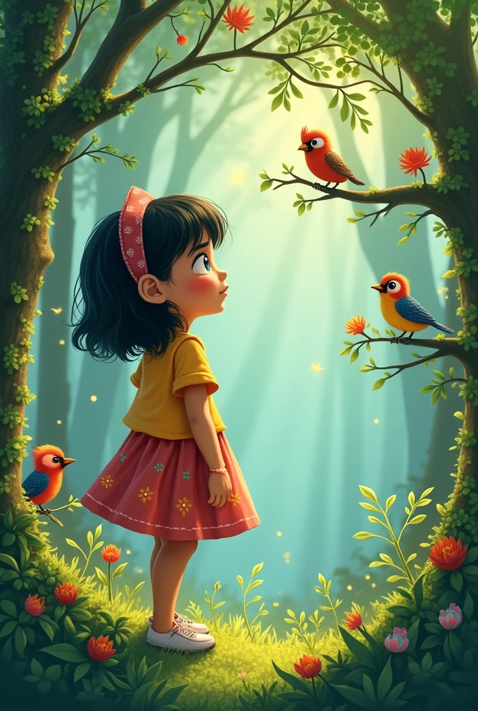 Once upon a time, there was a named Riya. Riya was very lively and curious. She always wanted to learn and discover new things. Near her house, there was a small forest with many trees and birds. Riya would go to the forest every day and be mesmerized by the birds' songs.