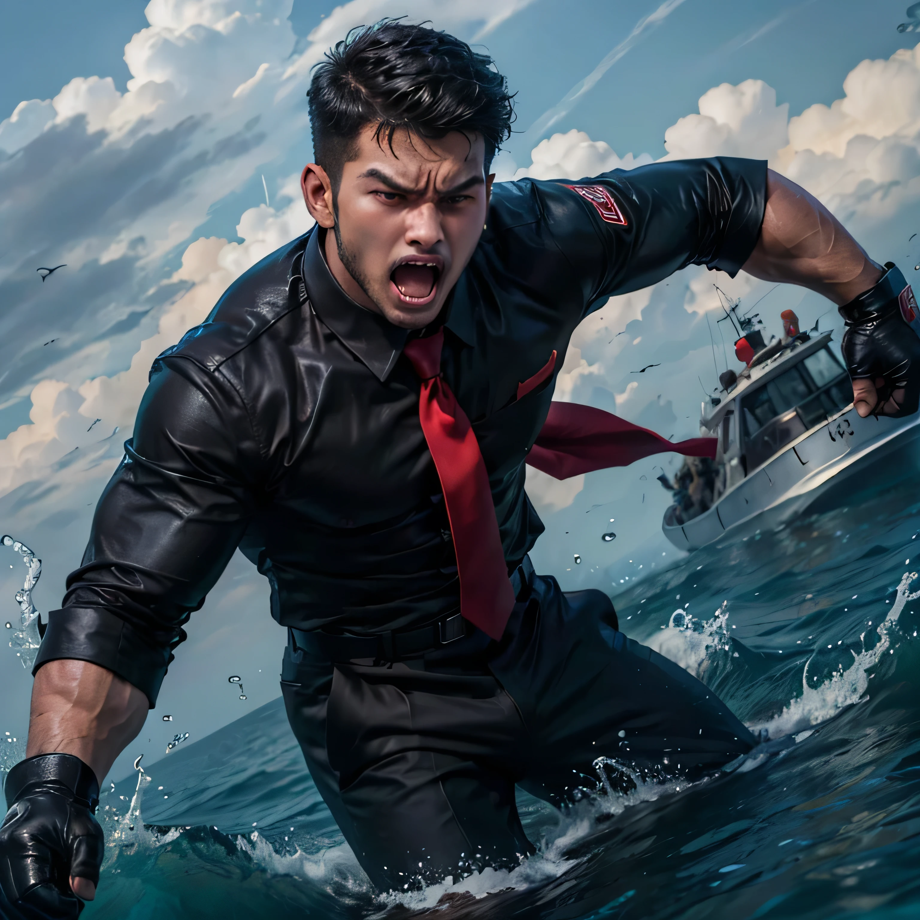 30 years old,One Man,、Handsome。Black Shirt、Red tie、Black gloves、Dhaka - Fighters、Drowning in the sea ,,logic, ,Very short hair、 ,Asian Face,、 Handsome Open your mouth wide and scream