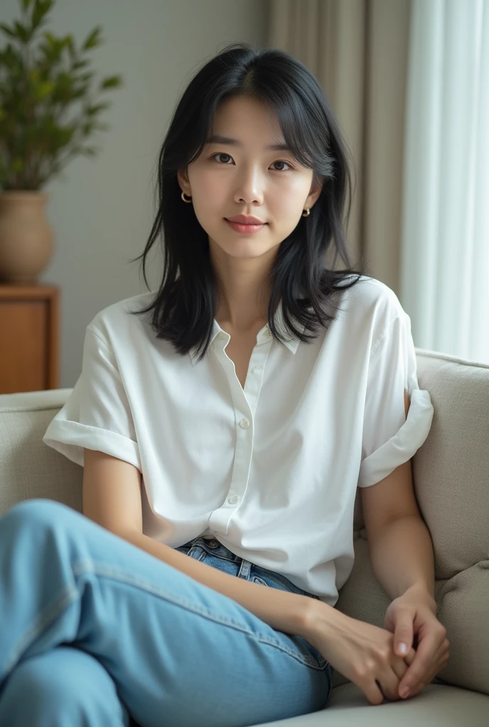 high resolution、8k、
Image of a 20 year old Japanese woman sitting on a sofa in the living room。The woman has black hair、Medium length and set in a natural style。she is relaxed、Casual clothing(for example、White shirt and denim pants)Wearing。The living room has modern furniture.、Soft natural light pours in。The woman has a calm and relaxed look、Sitting in a relaxed pose that blends in with the decor of your living room。