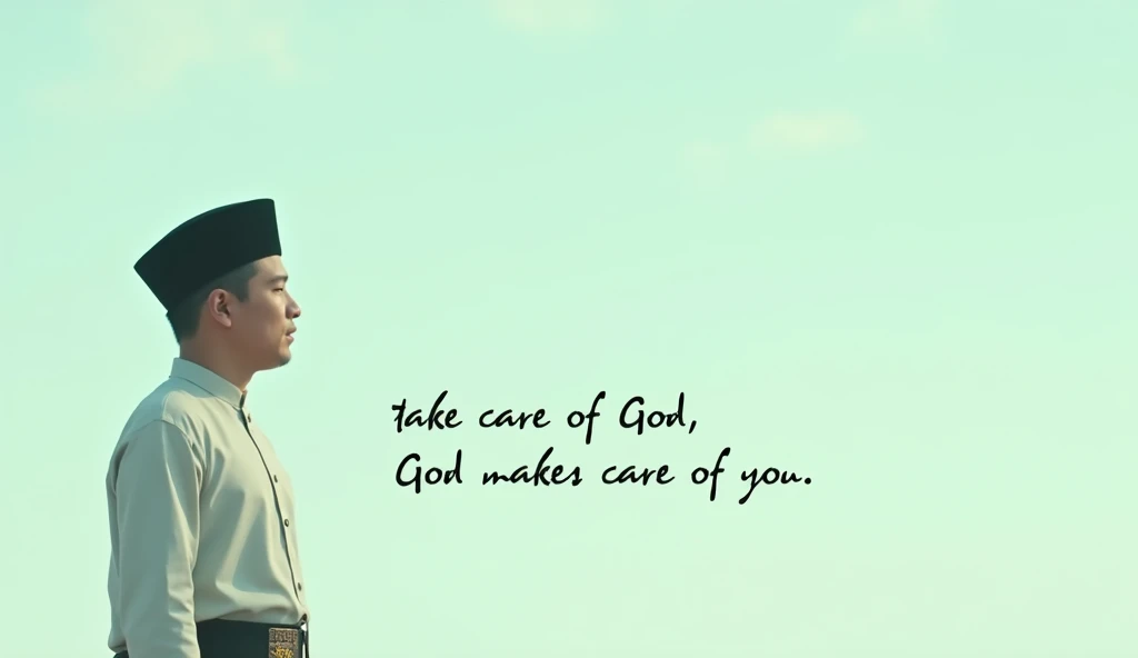 (photorealism:1.2), Simple yet attractive thumbnail design, with a soft colored background such as light blue or green which implies calmness. On the left side, place an illustration or icon of a young man wearing a traditional Indonesian black cap with a sarong with the Prophet Muhammad ﷺ, with calligraphy or short text that reads "Take care of God, God takes care of you." Also add your channel logo in the bottom right corner for branding..