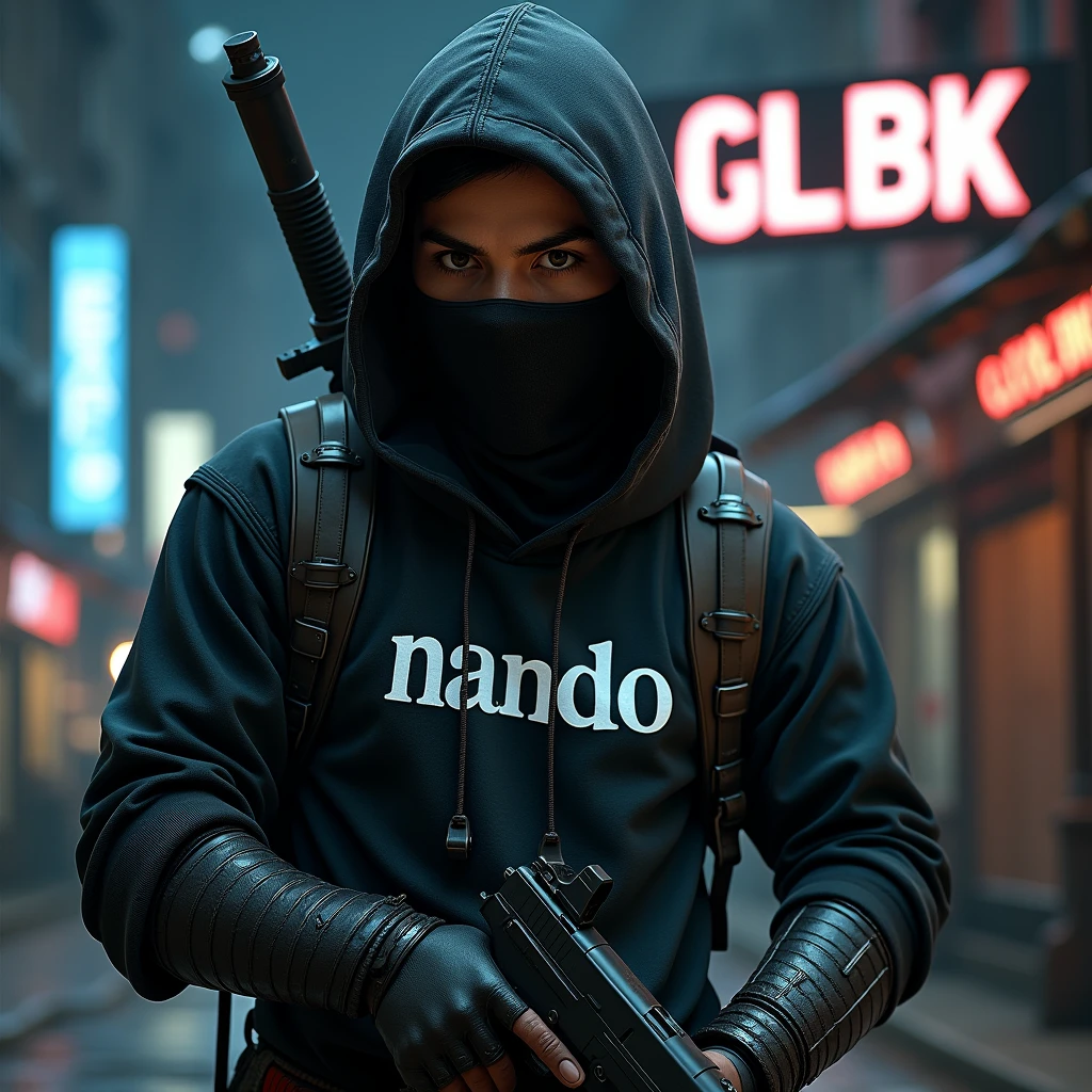 Create a character ninja armor, {background: capital text: “GLBK” in right-top, night city}, tanned skin,
realistic, HDR, handsome, japan style, full body, use piastol, age 20, hoodie HD text: “Nando”, male,