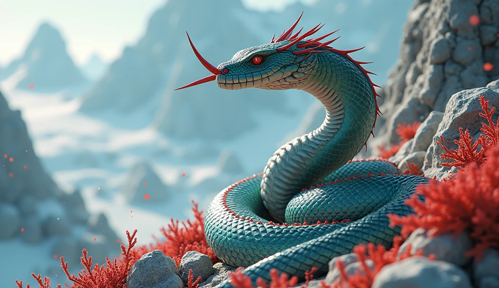 On the mountain of many white jades，There are many red and white rings，Pit viper with spikes on its nose（best quality，4K，8k，High level，masterpiece：1.2），Ultra Detailed，（lifelike，Photo real，Photo real：1.37）