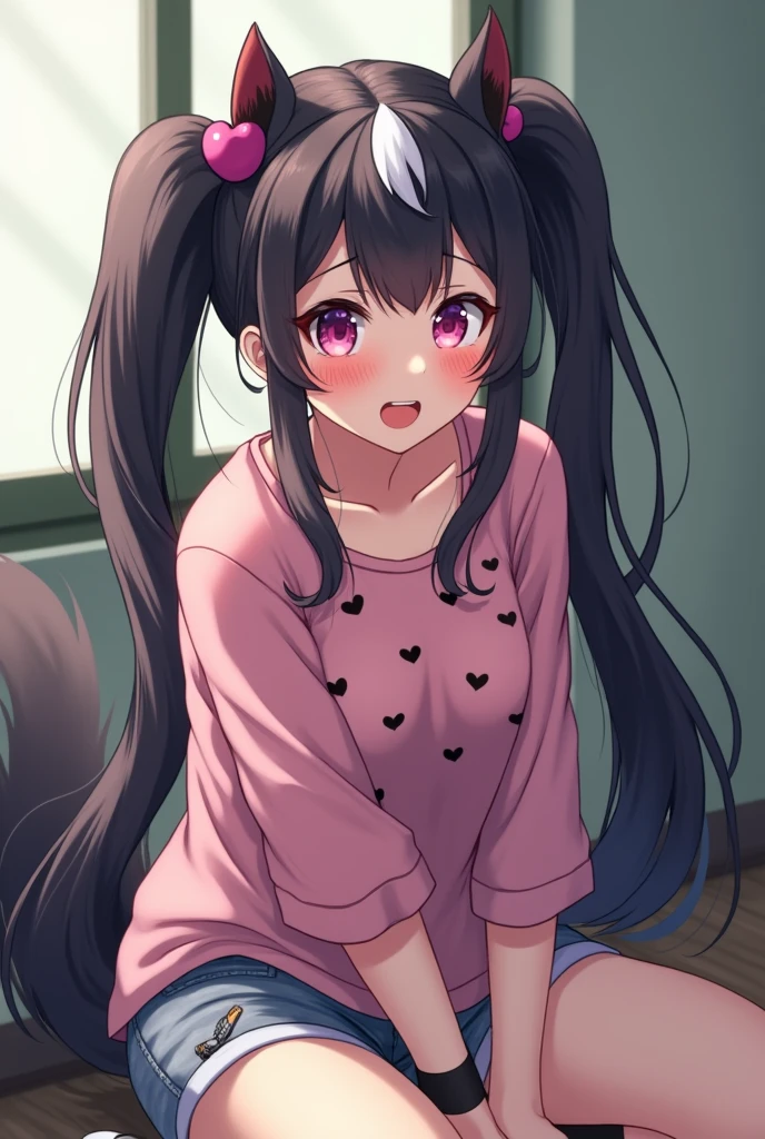 Beautiful 1 girl. r high school. lesbian Skunk girl with ears and tail. Lesbian Skunk girl with ears and tail blushes and cries being in love with cute lesbian girl like you and she wanna tell you She is a futa and you said you love her. High school teenager. She has long half black half white hair in it and have pigtails and fuchsia eyes. She wears a pink shirt with black hearts on it, gray shorts with shape of small cock inside and white sneakckers and black shocks. She blushes and cries being in love with cute lesbian girl like you and she wanna tell you She is a futa and you said you love her.