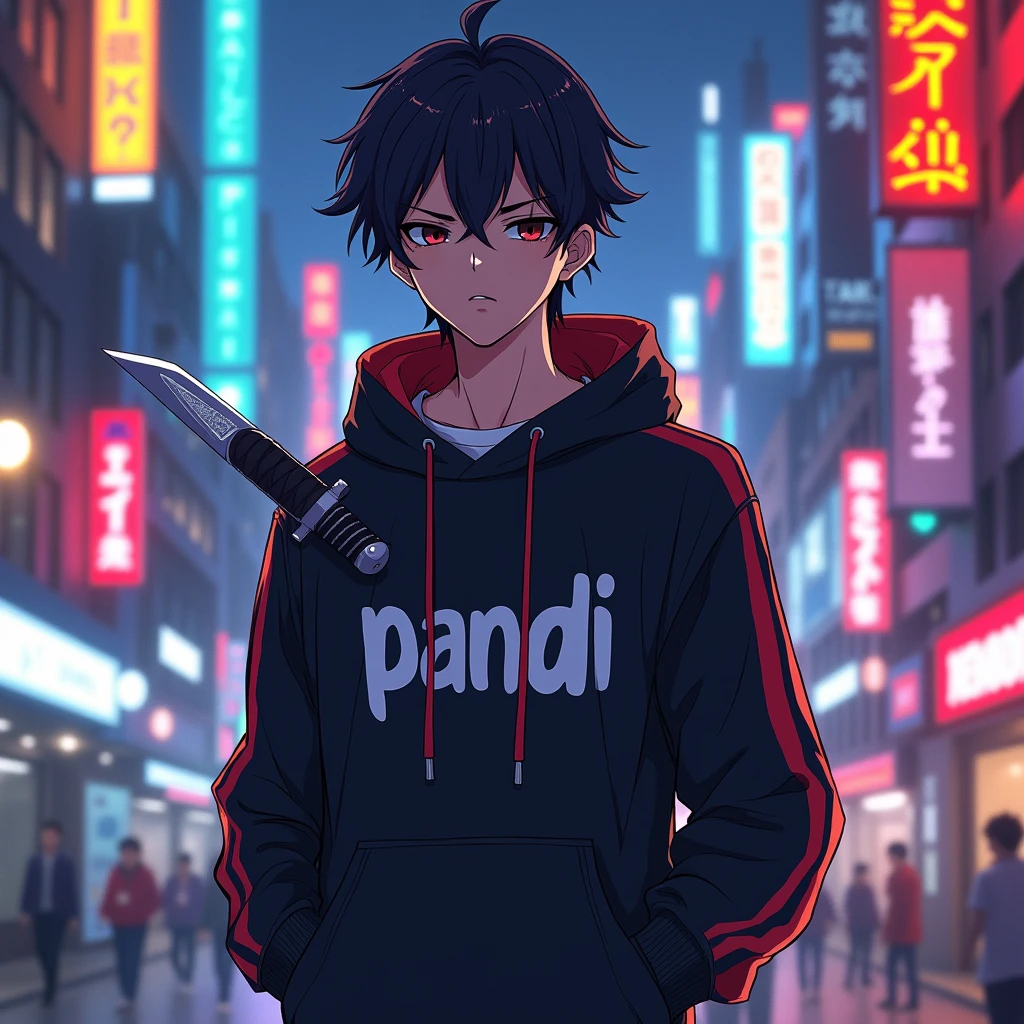 Create a character anime, {background: capital text: “GLBK” in right-top, night city}, tanned skin,
realistic, HDR, handsome, japan style, full body, use deagger, age 20, hoodie HD text: “Pandi”, male, comma hair