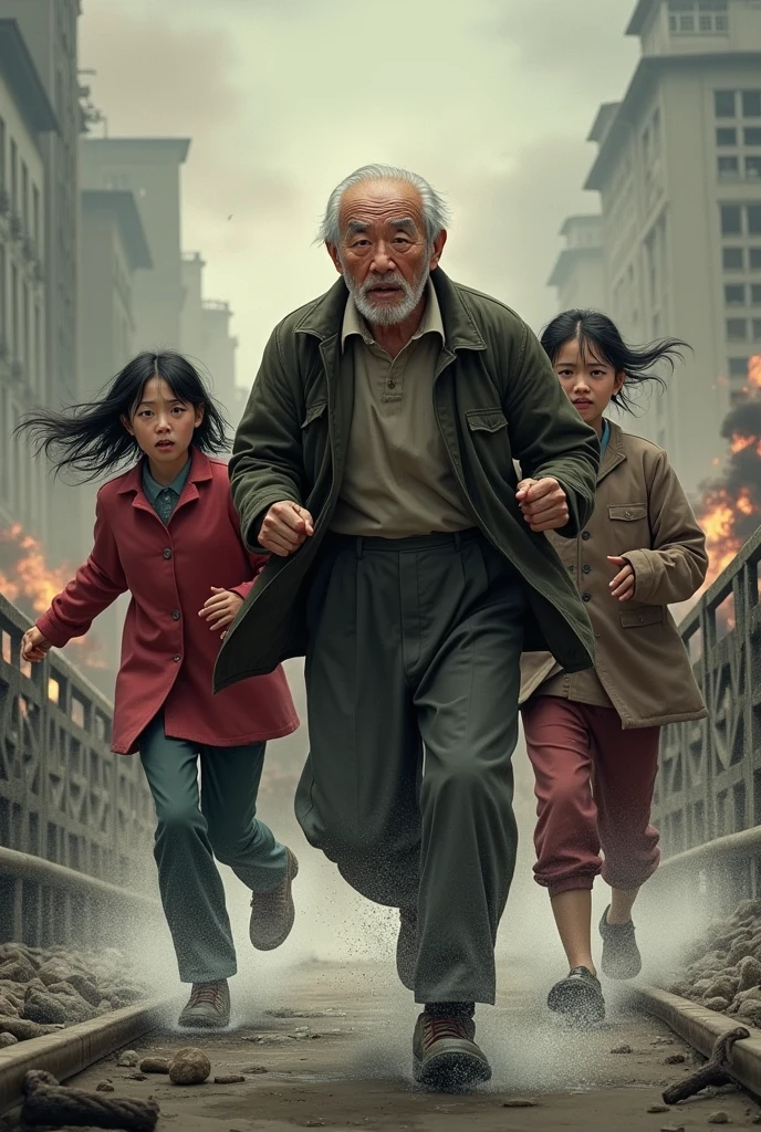 A Chinese family, including an elderly grandfather, women, and young children, running towards a bridge over a river
Make a war background
All are craying and also very fear