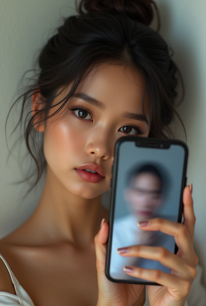 make a hyperrealistic picture of a beautiful Indonesian woman holding an Apple brand cellphone. Inside the cellphone there is a man's profile that is blurred. Next to the profile is written "Maaf paket data anda tidak mencukupi untuk melihat profil saya " The photo image display is very detailed, clear and smooth