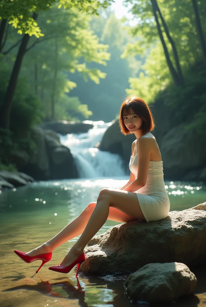 Photorealistic full-body portrait of a fabulous, film grain, Highest quality, Ultra-high resolution, Japanese woman, 25years old, Height: 165 cm, slim, big smile, full body,long face, A small river with crystal-clear water flowing, where a white camisole wearing woman in red heels is sitting on a rock by the shore with her feet in the water. A cute Japanese girl with chestnut-colored short hair. Upstream, there is a small waterfall. The location is covered with trees that almost block out the sunlight. The overall scene is dimly lit, but sunlight shines through the gaps in the trees, illuminating the girl.