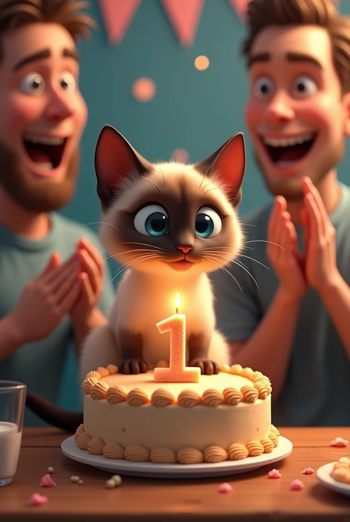 At a birthday party, a cute Siamese cat is blowing out candles on a number 1 cake while two men are clapping behind him.