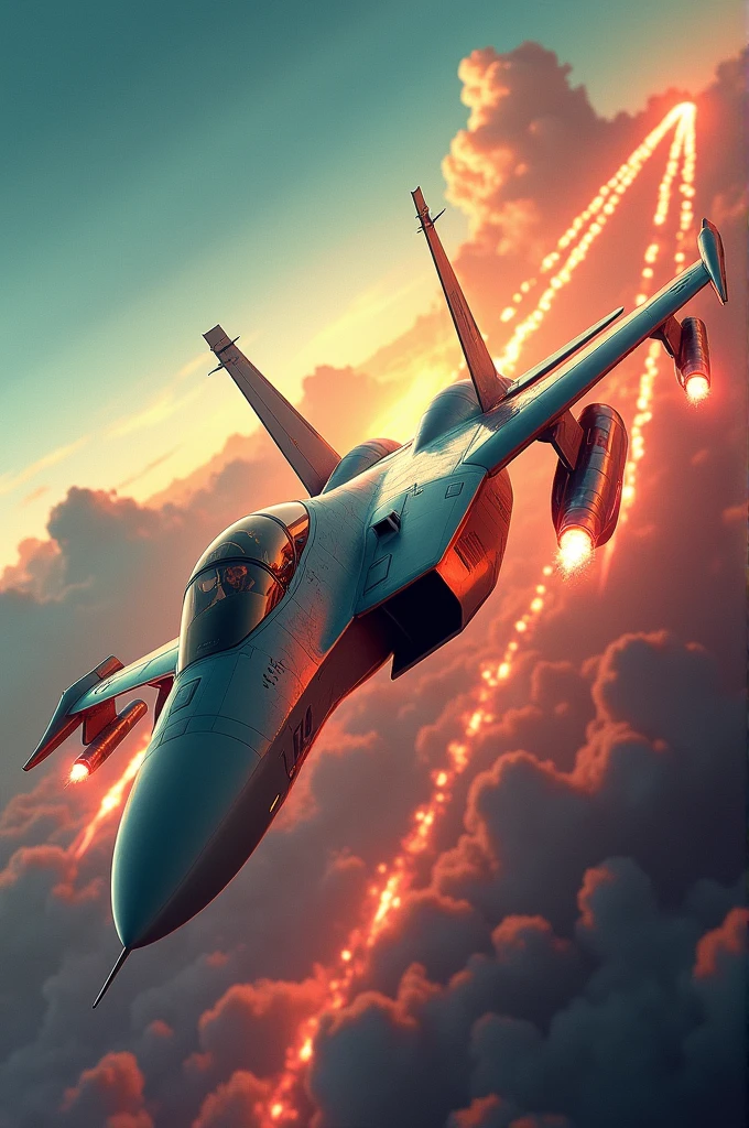 Create a picture of a fighter jet, who flies through a colorful sky with colorful mountains and fires rockets