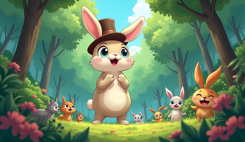 Mimi the rabbit is wearing a hat、I've grown taller and can see all the way to the tops of the trees.。 image: Mimi wearing a hat、I grew tall like a giraffe、Forest Trees々Looking down from above。Mimi's eyes are wide with surprise and joy.。The animals around are also surprised.。Please draw a big rabbit.。I also drew some animals.
