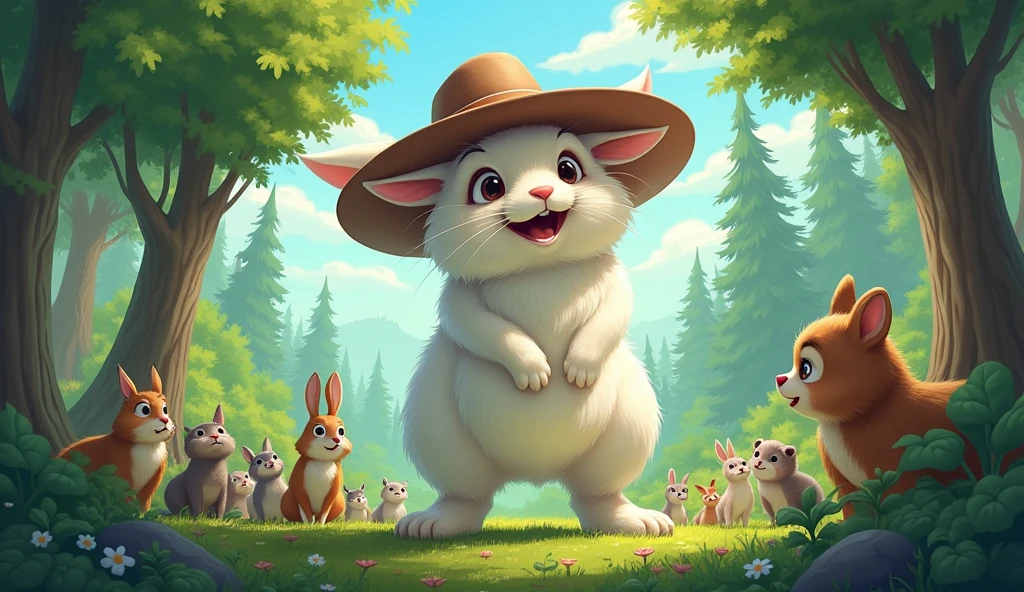 Mimi the rabbit is wearing a hat、I've grown taller and can see all the way to the tops of the trees.。 image: Mimi wearing a hat、I grew tall like a giraffe、Forest Trees々Looking down from above。Mimi's eyes are wide with surprise and joy.。The animals around are also surprised.。Please draw a big rabbit.。I also drew some animals.