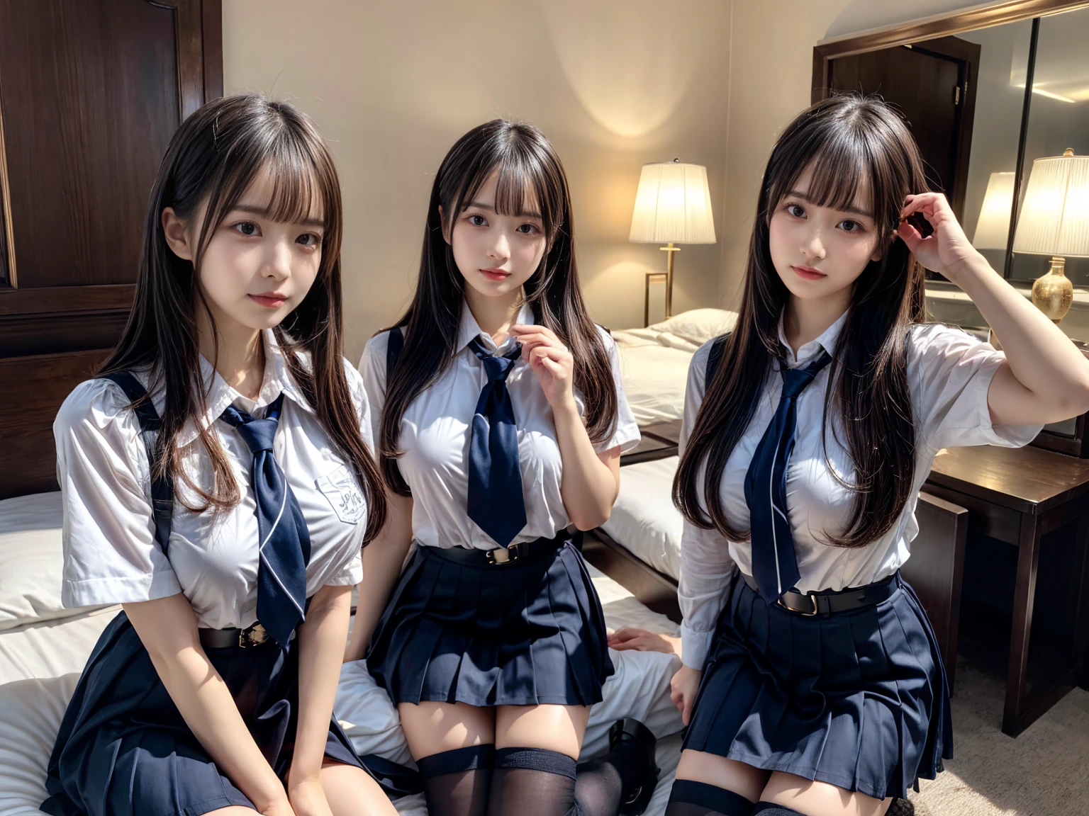 (8K, Raw photography, top-quality, ​masterpiece:1.2), master piece, best quality, illustration, Super detailed, fine details, High resolution, 8K,wall paper, perfect dynamic composition,(Details High quality, realistic depiction of eyes:1.3), ((2 girls, 2 schoolgirls)), The background is a luxury hotel room、High school girl uniform、blazer 、Super Short Check Uniform Skirt、Navy blue high socks、garterbelts、Colossal tits、Disturbed uniform, Play with each other,Touching each other's bodies,Touching the body of the girl next door, short bob hair, black hair color, huge breasts, Big Natural Color Lip, bold sexy pose, (perfect body shape), crying a little、cold gaze,  Beautiful makeup,glitter makeup,Cutest 1, beautiful legs, hposing Gravure Idol, Voluptuous thighs