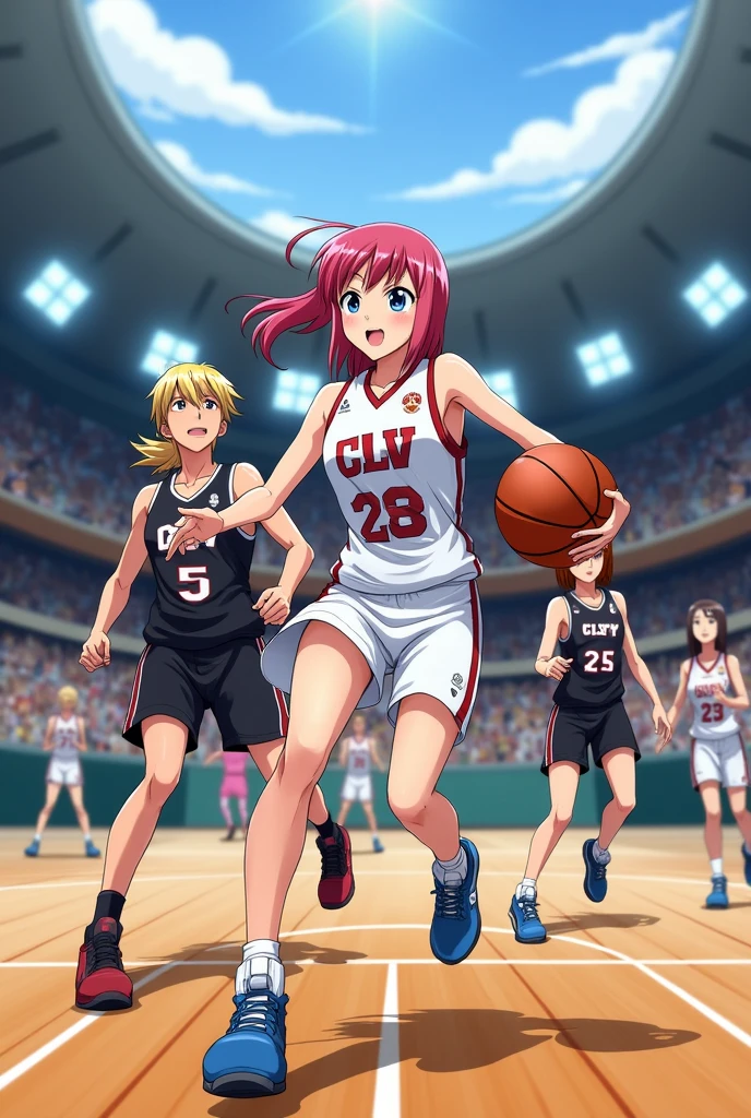 Fairy Tail organizes a 3x3 basketball game.
Here are the teams: CLV and FTM.
CLV team members: Erza Scarlett, Lucy Heartfilia, Kanna Alperona and Levy McGarden.
FTM team members: Wendy Marvel, Juvia Lockser, Mirajane Strauss and Lisana Strauss.
CLV team members wear white jerseys:
Erza Scarlett: White CLV jersey #2 white, red basketball shoes. Long scarlet hair and brown eyes. She is of average height.
Lucy Heartfilia: CLV jersey no. 7 white, black basketball shoes. Long blond hair and brown eyes. She is small in stature.
Kanna Alperona: White CLV jersey no. 4 white, orange basketball shoes. Long dark-brown hair and brown eyes. She's the tallest in the tournament.
Levy McGarden: CLV jersey n°6 white purple basketball shoes. Mid-length blue hair tied back with an orange headband and brown eyes. She is .
FTM team members wear black jerseys:
Wendy Marvel: FTM jersey no. 11 black, black, red and white basketball shoes. Long dark blue-purple hair and brown eyes. She's the smallest in the tournament.
Juvia Lockser: FTM jersey no. 8 black, purple basketball shoes. Long sky-blue hair and blue eyes. She is of average height.
Mirajane Strauss: FTM jersey no. 10 black, yellow basketball shoes. Long white hair and blue eyes. She is tall.
Lisana Strauss: FTM jersey n°00 black, white basketball shoes. Short white hair and blue eyes. She is small in stature.
The tournament takes place in a gymnasium. They play a real 3x3 game. The ball is in the hands of Lucy Heartfilia.
Lucy Heartfilia dribbles towards the basket, Wendy Marvel defend on her. Erza Scarlett and Kanna Alperona prepare for the rebound.