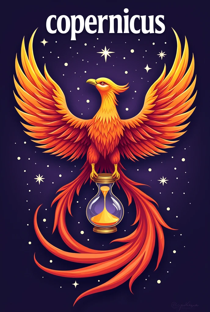 Simple purple background with a blue phoenix design, vermelho e laranja, holding an hourglass, written in white with a black outline on top "Copernicus" in larger size with stars 