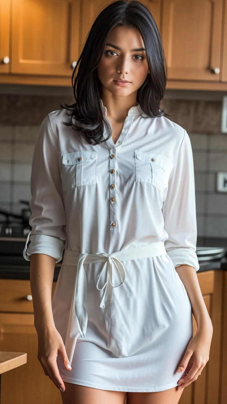 a woman with various tattoos and blonde hair, solo, hips up, detailed face, standing in her kitchen, wearing only an apron, soft lighting, photorealistic, high resolution, (best quality,4k,8k,highres,masterpiece:1.2),ultra-detailed,(realistic,photorealistic,photo-realistic:1.37),studio lighting,ultra-fine painting,sharp focus,physically-based rendering,extreme detail description,professional,vivid colors,bokeh