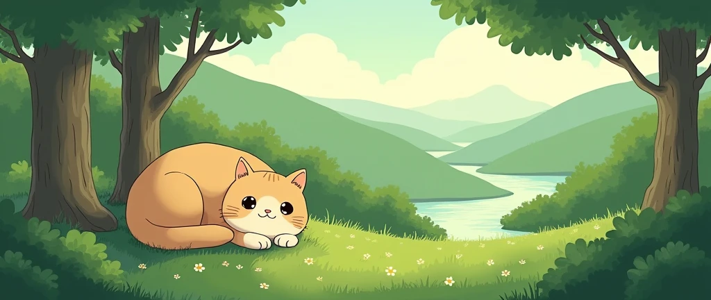 Cat, Cozy Anime,Lofi ,Cute ,Ultrawide ,Ghibli vibes ,Green Color Tones