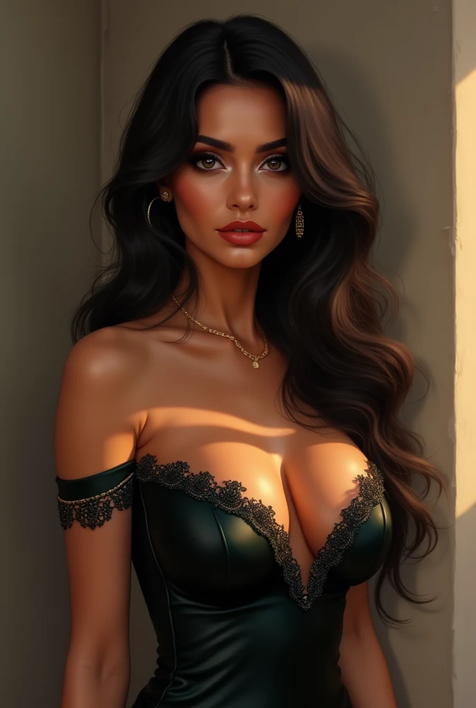 black hair, bare shoulders, buttocks, midriff, thighs, legs, navel, standing, strapless top, brown eyes, smile, bed, choker, nu