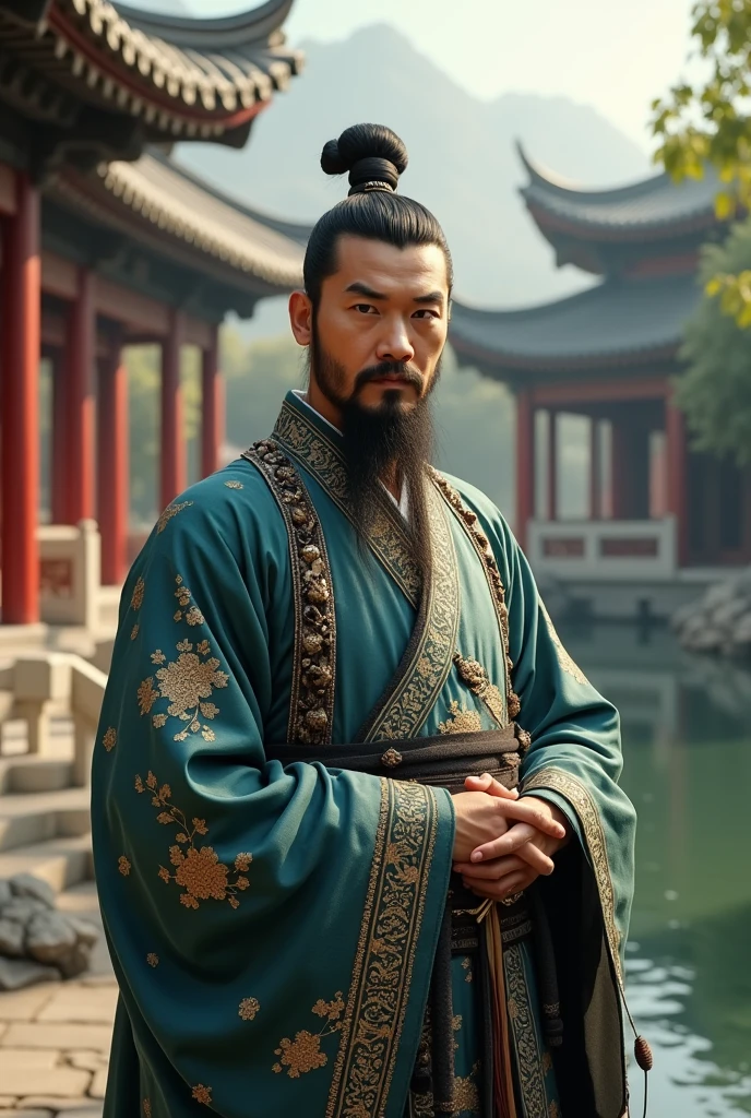 A traditional Chinese man from ancient times with tied in a top knot reflecting a status of nobility or a warrior. He wears warrior Chinese robes with intricate patterns and stands in a classical Chinese setting, such as a palace courtyard or garden, surrounded by ancient architecture and nature. The atmosphere should evoke a sense of history and culture.