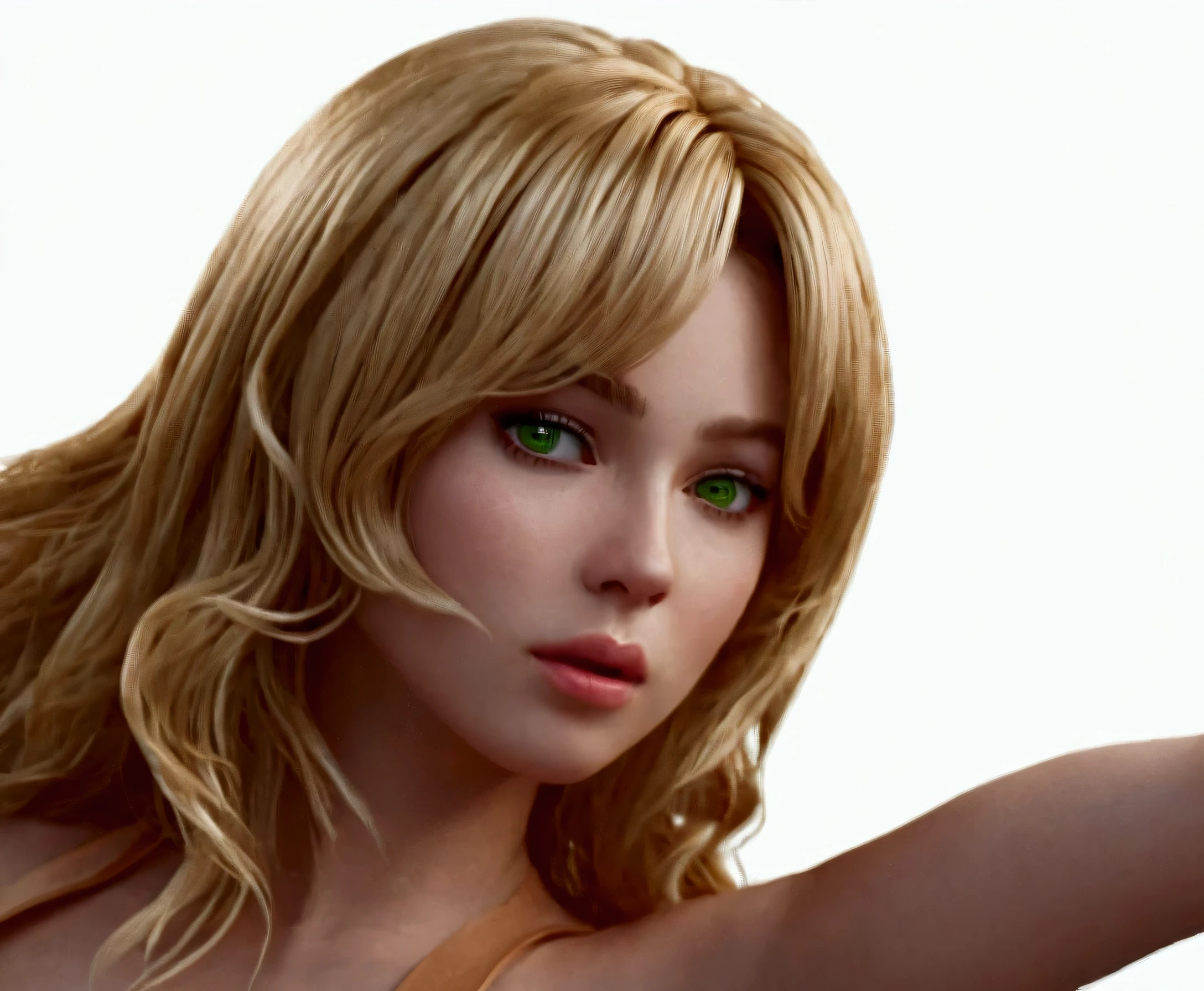 A woman with curly blonde hair,European and American looks，Fierce expression，Green pupils，Photorealistic rendering, 3D animation realistic, ue5 render，8K ultra-clear texture