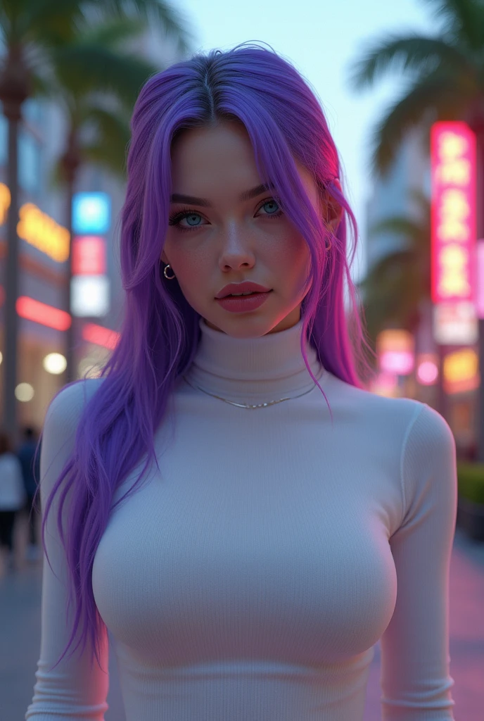 (ultra realistic,32k, masterpiece:1.2),(high detailed skin:1.1),( high quality:1.1), EPpkJessie, long hair,v-shaped eyebrows, blue eyes, purple hair, hair slicked back, earrings, jewelry, lipstick, makeup, white turtleneck top, long sleeves,white short skirt, city park, palms, sunshine, blurry background,,(looking at viewer, portrait:1.1),, huge breast,large breast, thick thighs, curvy hips,(soft shaded neon light:1.1), real photo